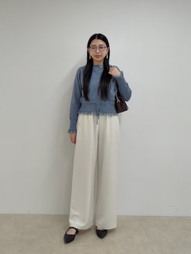 「fredy emue（フレディエミュ）のモールニットドロストレースカーディガン（カーディガン/ボレロ、ブルー系）」を使った、noripiyoさん（レディース・163cm）の秋コーディネート