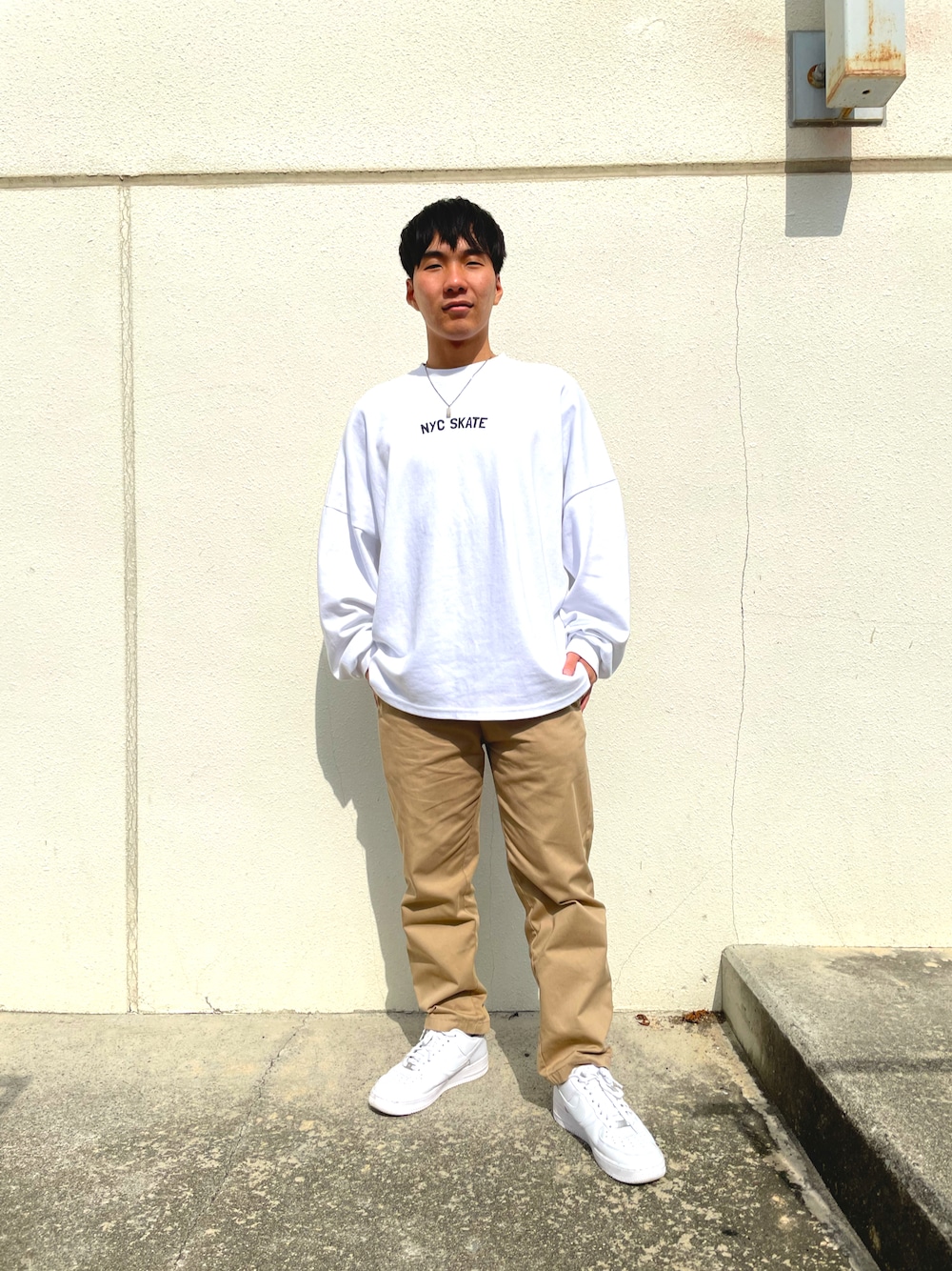 「古着、シンプル、NIKE、GU、Paul Smith、ゆるコーデ、古着コーデ、低身長コーデ、今日のコーデ、秋コーデ、いいね、save、フォローお願いします🤑」｜「Paul Smithのミックスストライプ ネックレス / 100951 210（ネックレス、シルバー系）」を使った、そういちろうさん（メンズ・167cm）の秋コーディネートの1枚目の写真