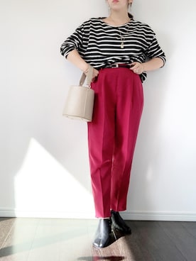 「coca（coca）（コカ）の【WEB限定セール】＼WEB限定新色／ボーダーボートネックトップス/オーガニックコットン混（Tシャツ/カットソー）」を使った、risaさん（レディース・155cm）の秋コーディネート