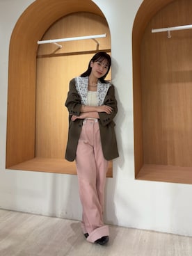 「mystic（ミスティック）のコーデュロイフレアパンツ（その他パンツ、ピンク系）」を使った、nanamiさん（レディース・153cm）の夏コーディネート