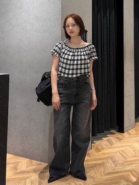 「eL（エル）の【eL】Loose wide Denim Pants/246474（デニムパンツ、ブラック系）」を使った、yumeha0127さん（レディース）の夏コーディネート