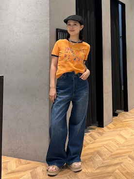 「JEANASIS（ジーナシス）の【kurry×JEANASIS】リンガーTEE/1043159（Tシャツ/カットソー、オレンジ系）」を使った、yumeha0127さん（レディース）の夏コーディネート