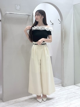 「MERCURYDUO（マーキュリーデュオ）の2WAY異素材ランダムラッフルショートスリーブニット（ニット/セーター、その他）」を使った、Tomomiさん（レディース・165cm）の夏コーディネート