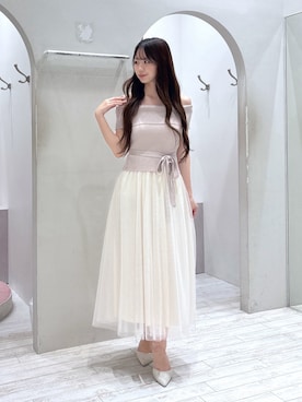 「MERCURYDUO（マーキュリーデュオ）のオフショルチュールドッキングニットワンピース（ワンピース、ピンク系）」を使った、Tomomiさん（レディース・165cm）の夏コーディネート