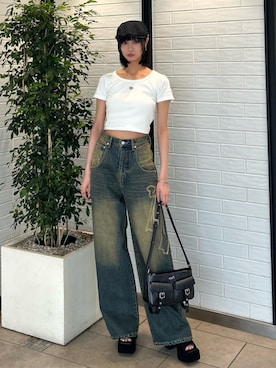 「アイテム（ハンチング/ベレー帽）」を使った、田松安純さん（レディース・166cm）の夏コーディネート