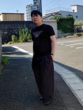 「EMPORIO ARMANI（エンポリオアルマーニ）のアイテム（Tシャツ/カットソー、ブラック系）」を使った、doramukanさん（メンズ・168cm）の夏コーディネート