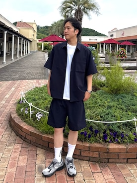 「ITEMS URBANRESEARCH（アイテムズ アーバンリサーチ）の『接触冷感/速乾/イージーケア』WINDY MESH ショートパンツ（Pants、ブルー系）」を使った、Wataruさん（メンズ・180cm）の夏コーディネート