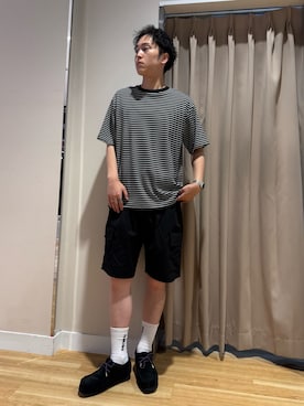 「ITEMS URBANRESEARCH（アイテムズ アーバンリサーチ）のポンチボーダー ショートスリーブカットソー（T Shirts、ブラック系）」を使った、Wataruさん（メンズ・180cm）の夏コーディネート