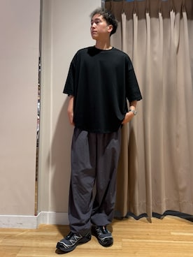 「ITEMS URBANRESEARCH（アイテムズ アーバンリサーチ）のワイドフィットショートスリーブポンチTシャツ（Tシャツ/カットソー、ブラック系）」を使った、Wataruさん（メンズ・180cm）の夏コーディネート