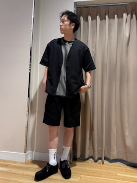 「ITEMS URBANRESEARCH（アイテムズ アーバンリサーチ）のポンチボーダー ショートスリーブカットソー（T Shirts、ブラック系）」を使った、Wataruさん（メンズ・180cm）の夏コーディネート