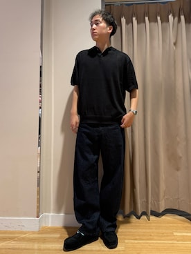 「URBAN RESEARCH DOORS（アーバンリサーチドアーズ）の『洗濯可/UVカット』『URTECH』Aircare ショートスリーブニットポロ（ニット/セーター、ブラック系）」を使った、Wataruさん（メンズ・180cm）の夏コーディネート
