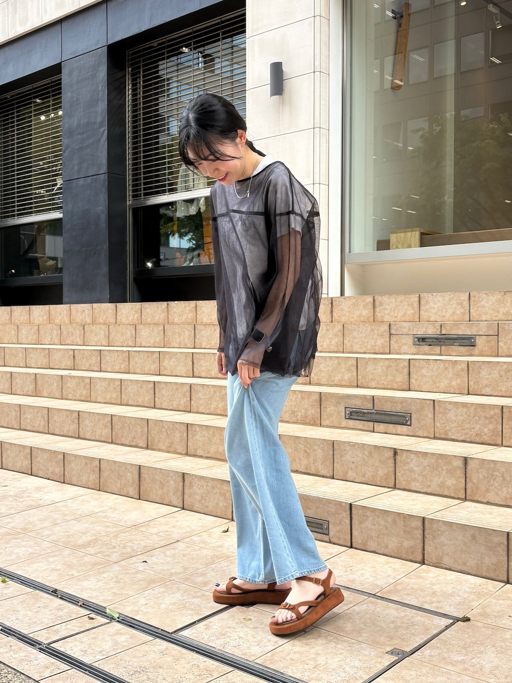 「サンダル、サンダルコーデ、厚底サンダル、プチプラコーデ、セスト(SESTO)」｜「SESTOの厚底バックルサンダル（サンダル、ブラウン系）」を使った、靴屋の人さん（レディース・160cm）の春コーディネートの1枚目の写真