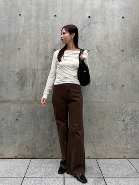 「CAPRICIEUX LE'MAGE（カプリシューレマージュ）の〈C.L〉起毛ドレープワンショルＴ（Tシャツ/カットソー、ホワイト系）」を使った、dennn_lemageさん（レディース・163cm）の夏コーディネート