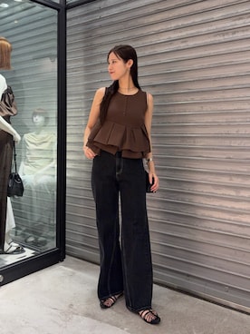 「CAPRICIEUX LE'MAGE（カプリシューレマージュ）のアシメペプラムヘンリーニット（ニット/セーター、ブラウン系）」を使った、dennn_lemageさん（レディース・163cm）の夏コーディネート