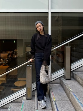 「アイテム（ニットキャップ/ビーニー、グレー系）」を使った、dennn_lemageさん（レディース・163cm）の冬コーディネート