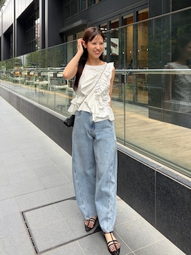 「CAPRICIEUX LE'MAGE（カプリシューレマージュ）のアシメフリルノースリT（Tシャツ/カットソー、ホワイト系）」を使った、dennn_lemageさん（レディース・163cm）の夏コーディネート