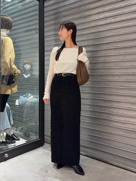 「CAPRICIEUX LE'MAGE（カプリシューレマージュ）の【スエード生地が新登場】ポインテッドローファー（ローファー、ブラック系）」を使った、dennn_lemageさん（レディース・163cm）の秋コーディネート