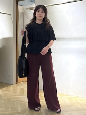 「ROPE'（ロペ）の【洗える・カセット服】ライトトリアセイージーワイドパンツ/お仕事・通勤・セットアップ対応（その他パンツ）」を使った、yayoiさん（レディース・160cm）の夏コーディネート
