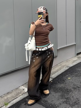 「WHO'S WHO gallery（フーズフーギャラリー）の【SLOPPY】 リブチビT（Tシャツ/カットソー、ホワイト系）」を使った、171miyuさん（レディース・153cm）の夏コーディネート