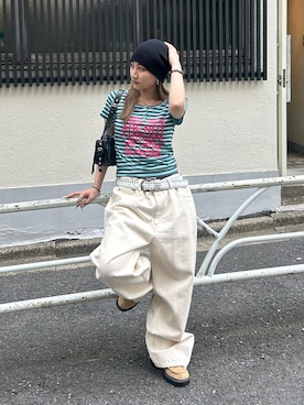 「WHO'S WHO gallery（フーズフーギャラリー）のリングドットヘンリーネックメッセージ TEE（Tシャツ/カットソー、グリーン系）」を使った、171miyuさん（レディース・153cm）の夏コーディネート