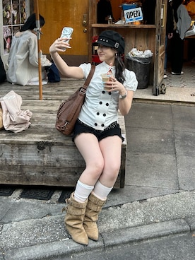 「WHO'S WHO gallery（フーズフーギャラリー）のWボタンギャザーブラウス(ドット柄・無地)（シャツ/ブラウス、グレー系）」を使った、171miyuさん（レディース・153cm）の春コーディネート
