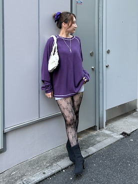 「WHO'S WHO gallery（フーズフーギャラリー）の【Sourcream】ワッフルラグラン配色ステッチL/STEE（Tシャツ/カットソー、パープル系）」を使った、171miyuさん（レディース・153cm）の秋コーディネート