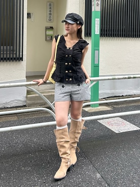 「WHO'S WHO gallery（フーズフーギャラリー）のWボタンレースチュニック（シャツ/ブラウス、ホワイト系）」を使った、171miyuさん（レディース・153cm）の夏コーディネート