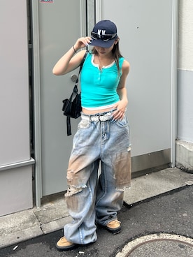「WHO'S WHO gallery（フーズフーギャラリー）の【BLESS YOU】 ダメージボロデニム（デニムパンツ、ブルー系）」を使った、171miyuさん（レディース・153cm）の夏コーディネート