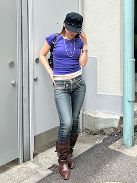 「WHO'S WHO gallery（フーズフーギャラリー）の【SLOPPY】 リブチビT（Tシャツ/カットソー、ホワイト系）」を使った、171miyuさん（レディース・153cm）の夏コーディネート