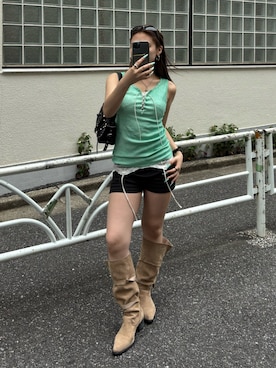 「WHO'S WHO gallery（フーズフーギャラリー）のレースガーターキャミ（キャミソール、ブラック系）」を使った、171miyuさん（レディース・153cm）の夏コーディネート