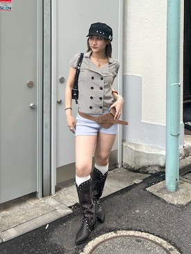 「WHO'S WHO gallery（フーズフーギャラリー）のWボタンコンパクトパフシャツ（シャツ/ブラウス、ベージュ系）」を使った、171miyuさん（レディース・153cm）の夏コーディネート