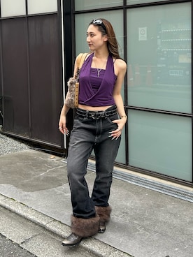 「WHO'S WHO gallery（フーズフーギャラリー）の2wayラギッドファーデニム（デニムパンツ、ブラック系）」を使った、171miyuさん（レディース・153cm）の夏コーディネート