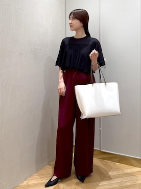 「ROPE'（ロペ）の【洗える・カセット服】ライトトリアセイージーワイドパンツ/お仕事・通勤・セットアップ対応（その他パンツ）」を使った、rihoさん（レディース・160cm）の夏コーディネート