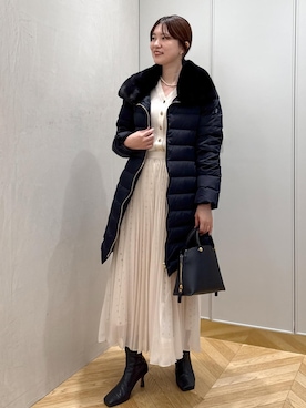 「ROPE'（ロペ）のスクエアドットプリントププリーツスカート（スカート）」を使った、rihoさん（レディース・160cm）の秋コーディネート