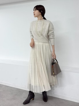 「ROPE'（ロペ）のスクエアドットプリントププリーツスカート（スカート）」を使った、rihoさん（レディース・160cm）の秋コーディネート
