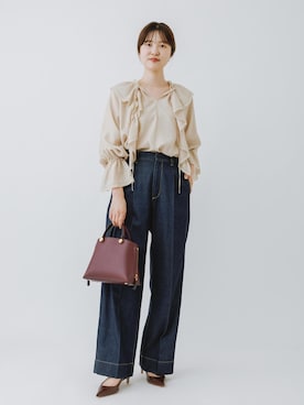 「ROPE'（ロペ）の取り外し可能 2WAYラッフルフリルブラウス/イージーケア【一部店舗限定サイズ】（シャツ/ブラウス、ベージュ系）」を使った、rihoさん（メンズ・160cm）の夏コーディネート