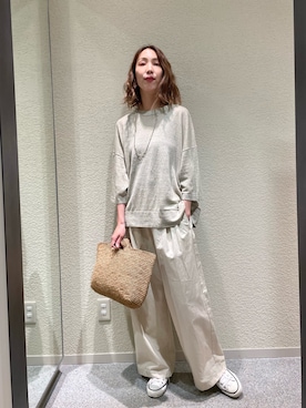 「かぐれ（カグレ）のリネン半袖クルーネックニット（ニット/セーター、ベージュ系）」を使った、♢♦︎RINA♦︎♢さん（レディース・164cm）の夏コーディネート