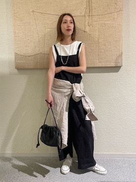 「かぐれ（カグレ）の『ユニセックス』ドライリネンボックスシャツ（シャツ/ブラウス、ピンク系）」を使った、♢♦︎RINA♦︎♢さん（レディース・164cm）の春コーディネート