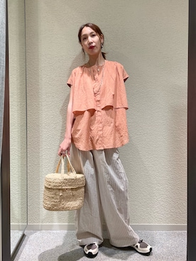 「かぐれ（カグレ）のワイドギャザーダブルブラウス（シャツ/ブラウス、ピンク系）」を使った、♢♦︎RINA♦︎♢さん（レディース・164cm）の夏コーディネート