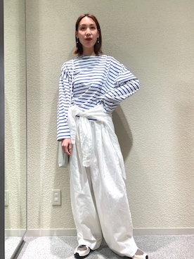 「かぐれ（カグレ）のクロップドボーダーカットソー（Tシャツ/カットソー、ブルー系）」を使った、♢♦︎RINA♦︎♢さん（レディース・164cm）の春コーディネート