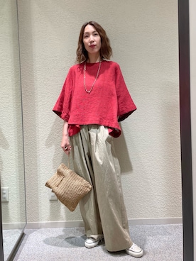 「かぐれ（カグレ）のリネンコットンフレアプルオーバー（シャツ/ブラウス、レッド系）」を使った、♢♦︎RINA♦︎♢さん（レディース・164cm）の夏コーディネート