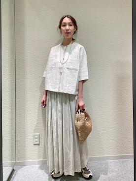 「かぐれ（カグレ）のノーカラーハーフスリーブジャケット（ノーカラージャケット、ベージュ系）」を使った、♢♦︎RINA♦︎♢さん（レディース・164cm）の夏コーディネート