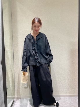 「かぐれ（カグレ）のリネンフリルカラーシャツ（シャツ/ブラウス、ブラック系）」を使った、♢♦︎RINA♦︎♢さん（レディース・164cm）の夏コーディネート