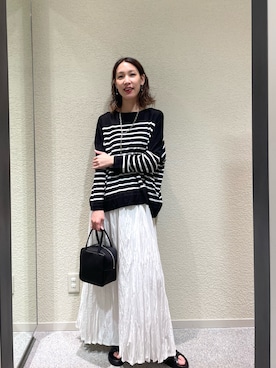 「かぐれ（カグレ）のシアーコットンボーダーボートネック（ニット/セーター、ブラック系）」を使った、♢♦︎RINA♦︎♢さん（レディース・164cm）の夏コーディネート