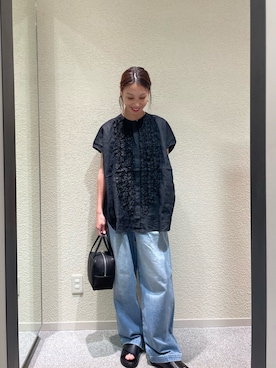 「かぐれ（カグレ）のリネンフリルフレンチシャツ（シャツ/ブラウス、ブラック系）」を使った、♢♦︎RINA♦︎♢さん（レディース・164cm）の夏コーディネート
