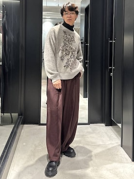 「HARE（ハレ）のフラワーモチーフメランジニット(HARE)（ニット/セーター）」を使った、おざさん（メンズ・172cm）の秋コーディネート