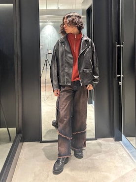 「HARE（ハレ）のアイテム（ライダースジャケット）」を使った、おざさん（メンズ・172cm）の秋コーディネート