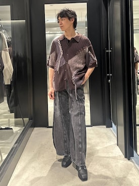 「HARE（ハレ）のハギキリカエデニムパンツ(HARE)（デニムパンツ、ブラック系）」を使った、おざさん（メンズ・172cm）の春コーディネート