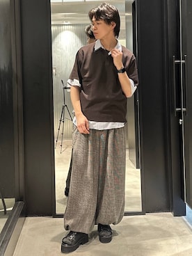 「HARE（ハレ）の【SET UP対応】トランジションボリュームパンツ(HARE)（スラックス、グレー系）」を使った、おざさん（メンズ・172cm）の春コーディネート