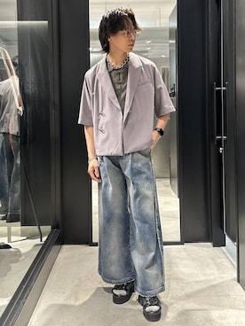 「HARE（ハレ）の【SET UP対応 接触冷感】メタルパーツジャケット(HARE)（テーラードジャケット、ブラウン系）」を使った、おざさん（メンズ・172cm）の夏コーディネート